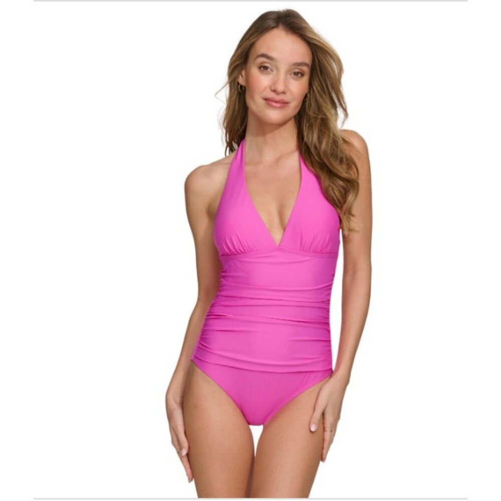 Dkny Women's Tie-Back Halter-Style One-Piece Swimsuit - Carnation Pink Size XXL